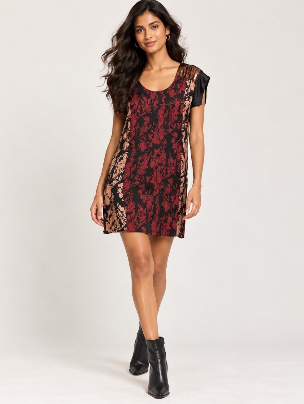 ❤️ FRENCH CONNECTION SILK/SATIN MINI TUNIC DRESS W/ SEQUIN EMBELLISHED SHOULDERS
